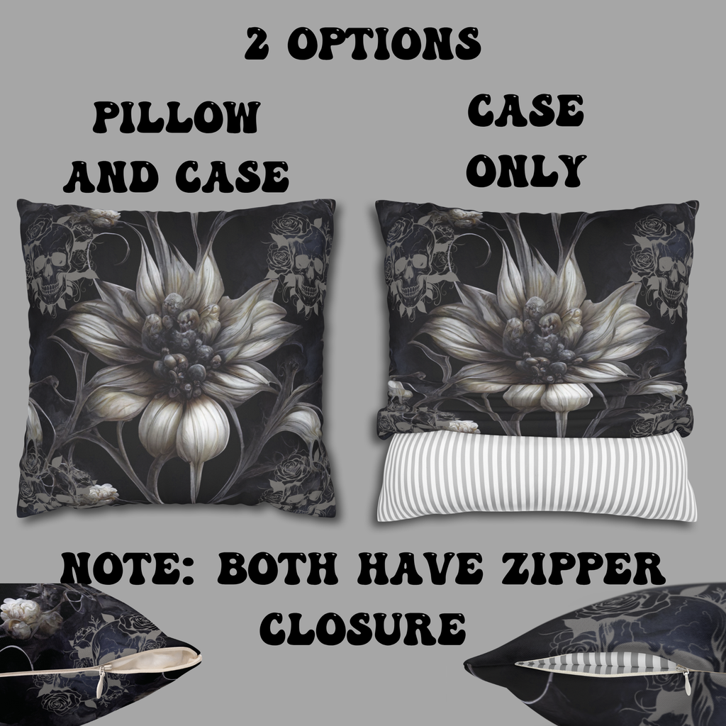 Gothic Skull Botanical Sunflower Throw Pillow — Dark Floral Home Decor