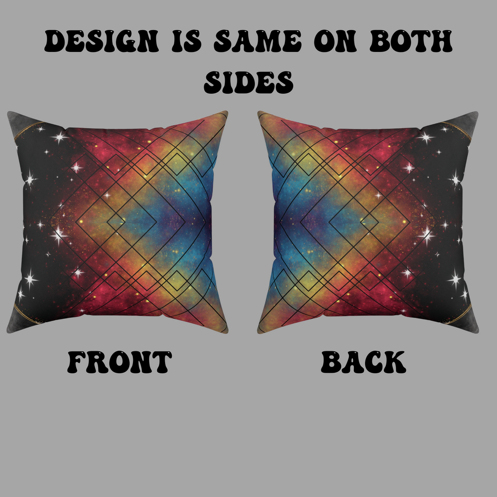 Rainbow Galaxy Geometric Throw Pillow — Celestial Cosmic Dark Home Decor
