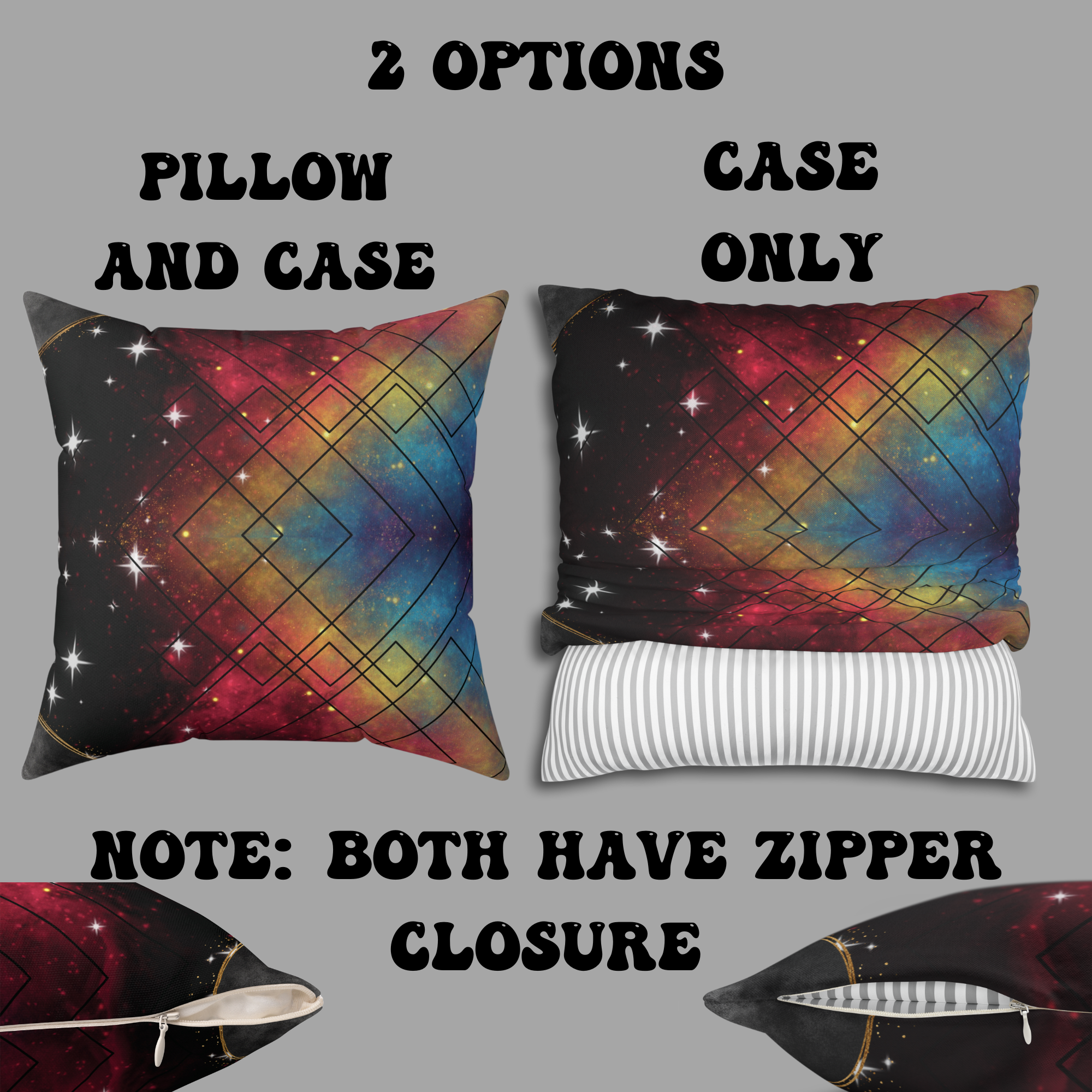 Rainbow Galaxy Geometric Throw Pillow — Celestial Cosmic Dark Home Decor