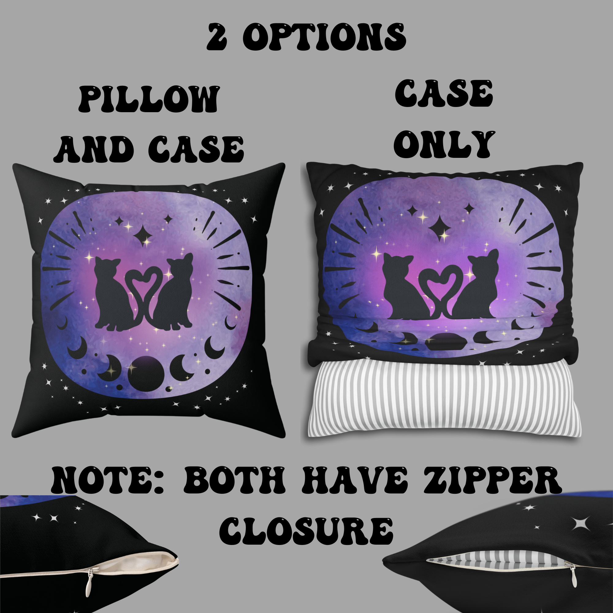 Lunar Love Cats Moon Phases Throw Pillow — Celestial Gothic Dark Home Decor