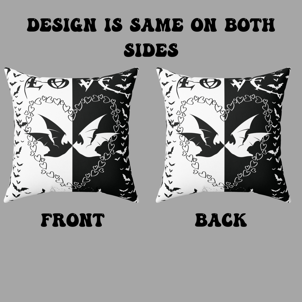Gothic Bats Heart Throw Pillow — Black White Halloween Dark Home Decor