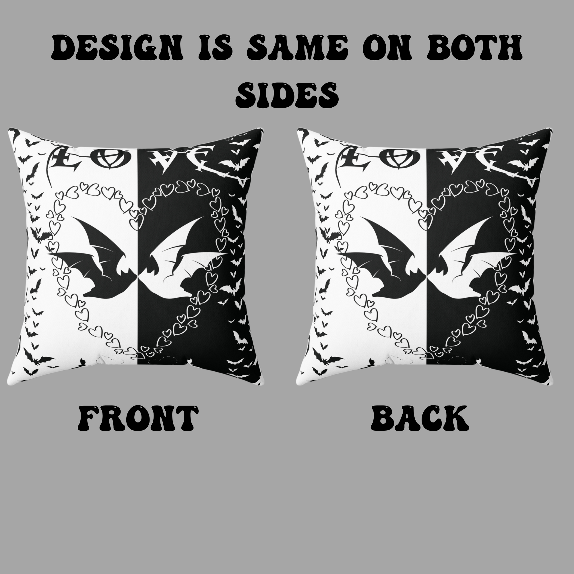 Gothic Bats Heart Throw Pillow — Black White Halloween Dark Home Decor