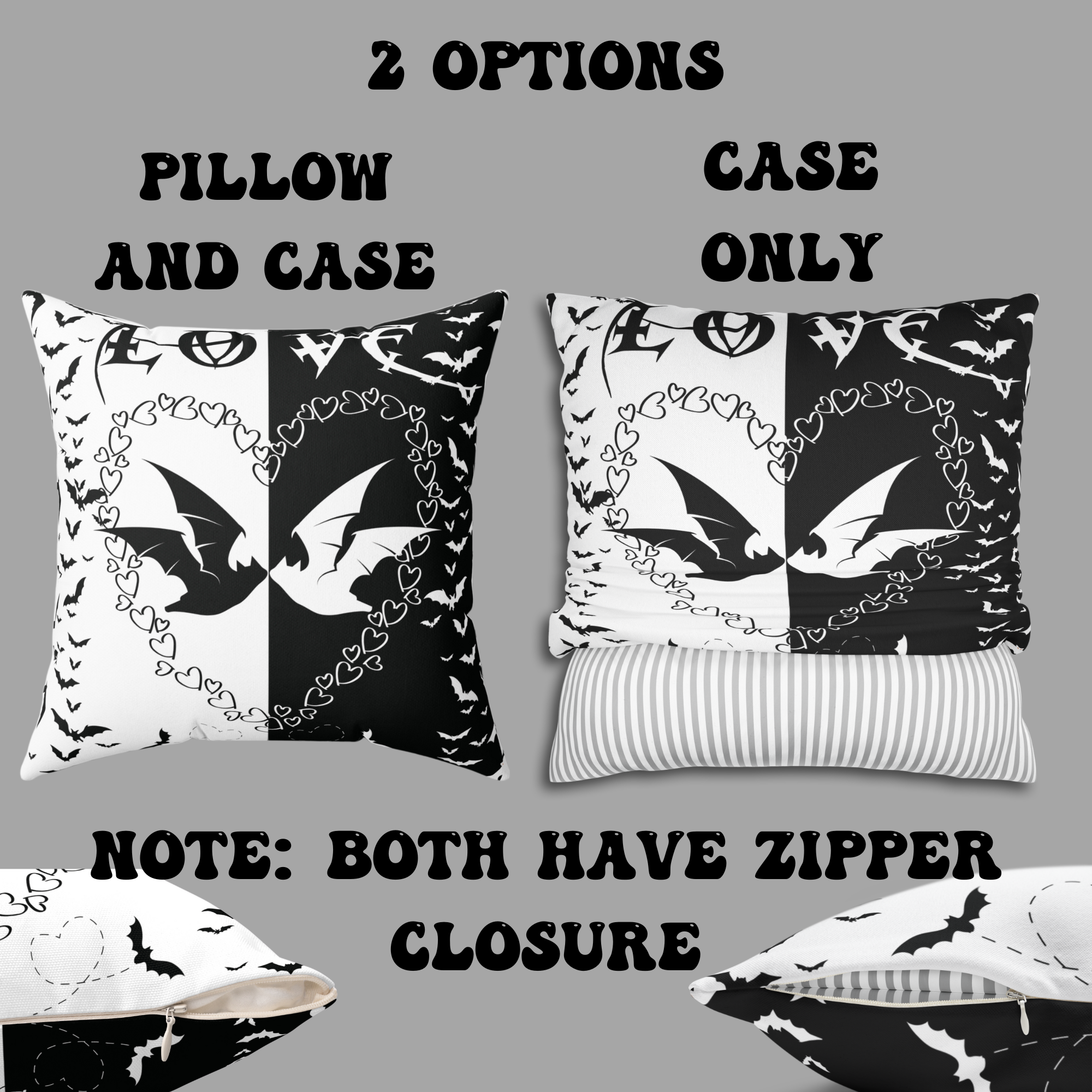 Gothic Bats Heart Throw Pillow — Black White Halloween Dark Home Decor