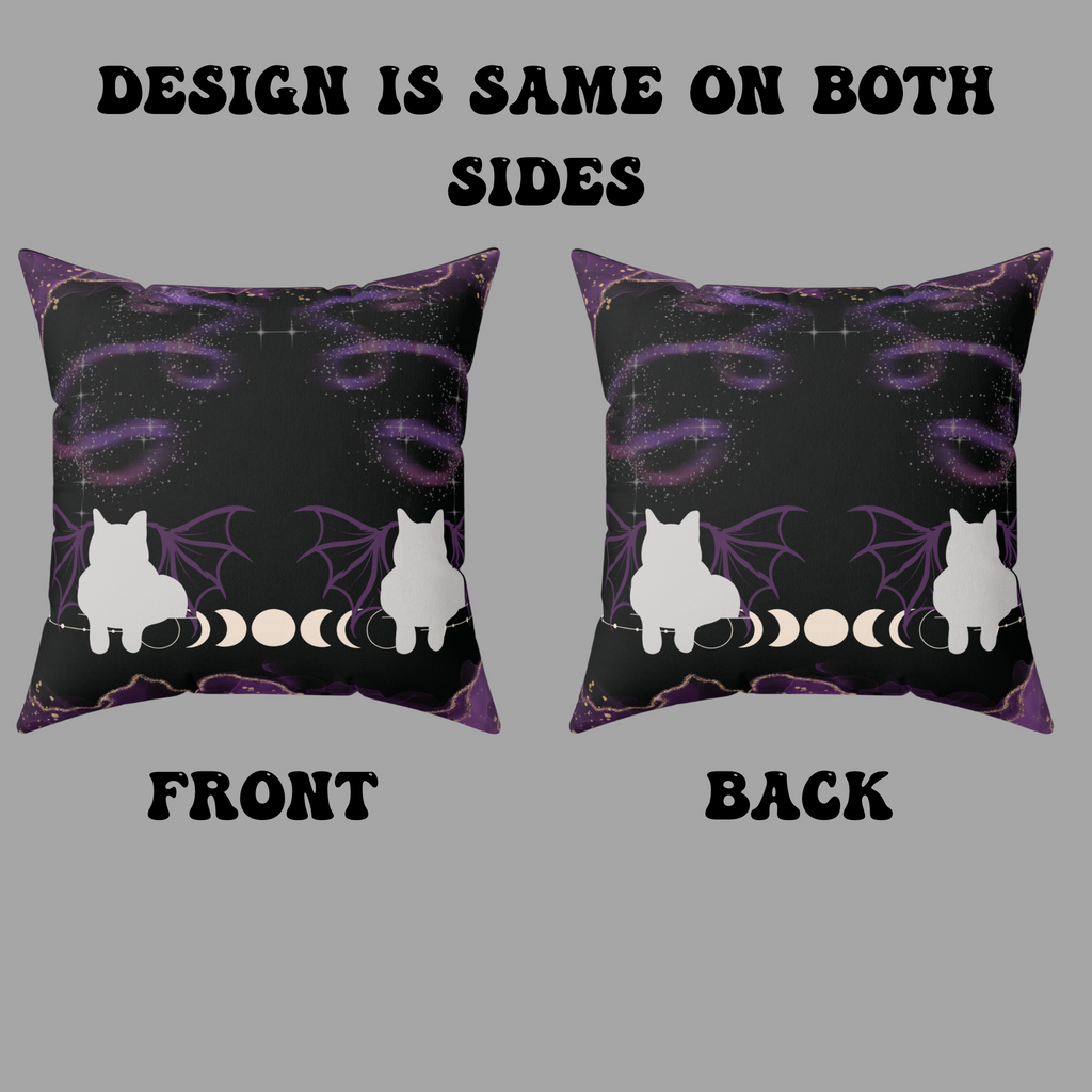 Gothic Bat Wing Cat Moon Phases Throw Pillow — Purple Celestial Dark Home Decor