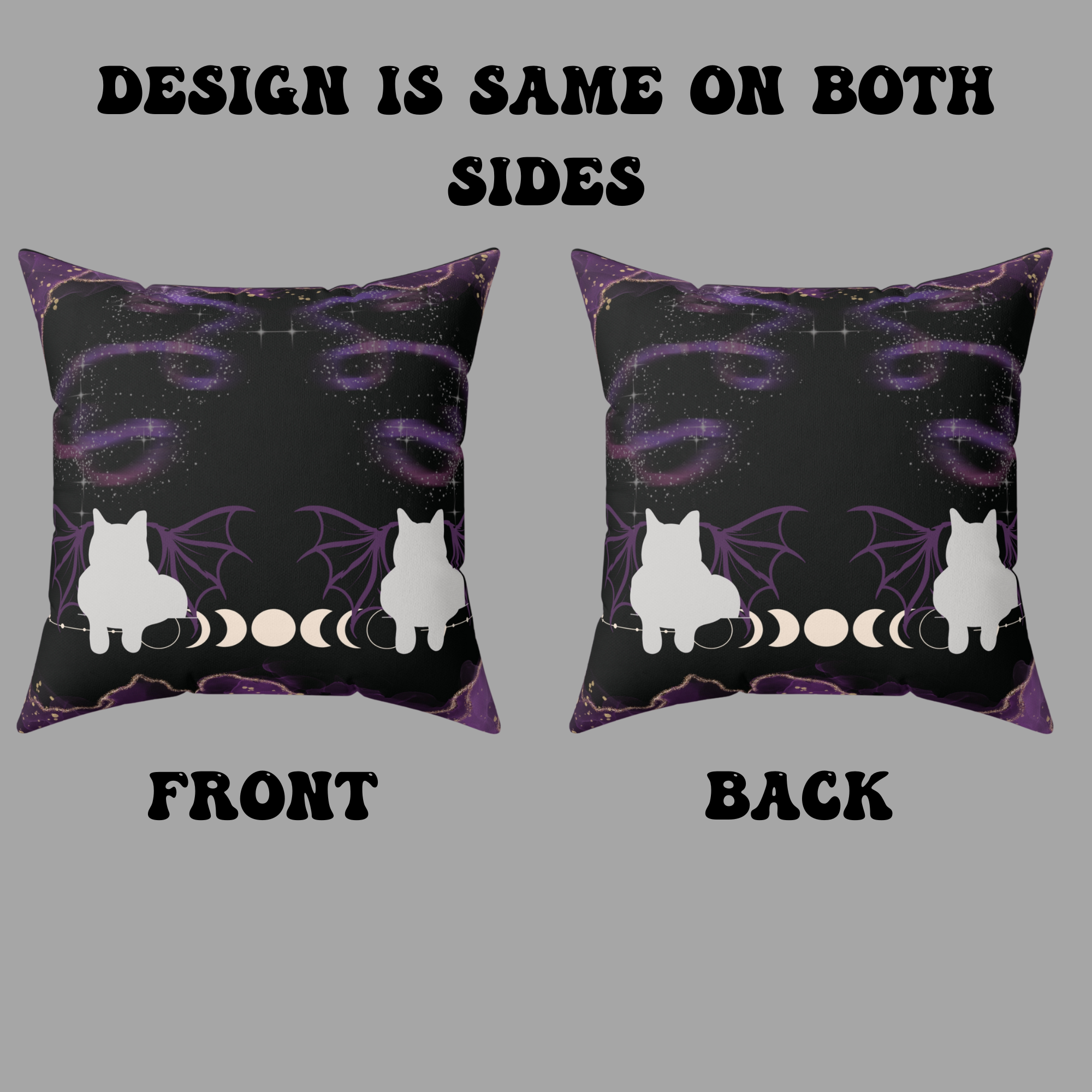 Gothic Bat Wing Cat Moon Phases Throw Pillow — Purple Celestial Dark Home Decor