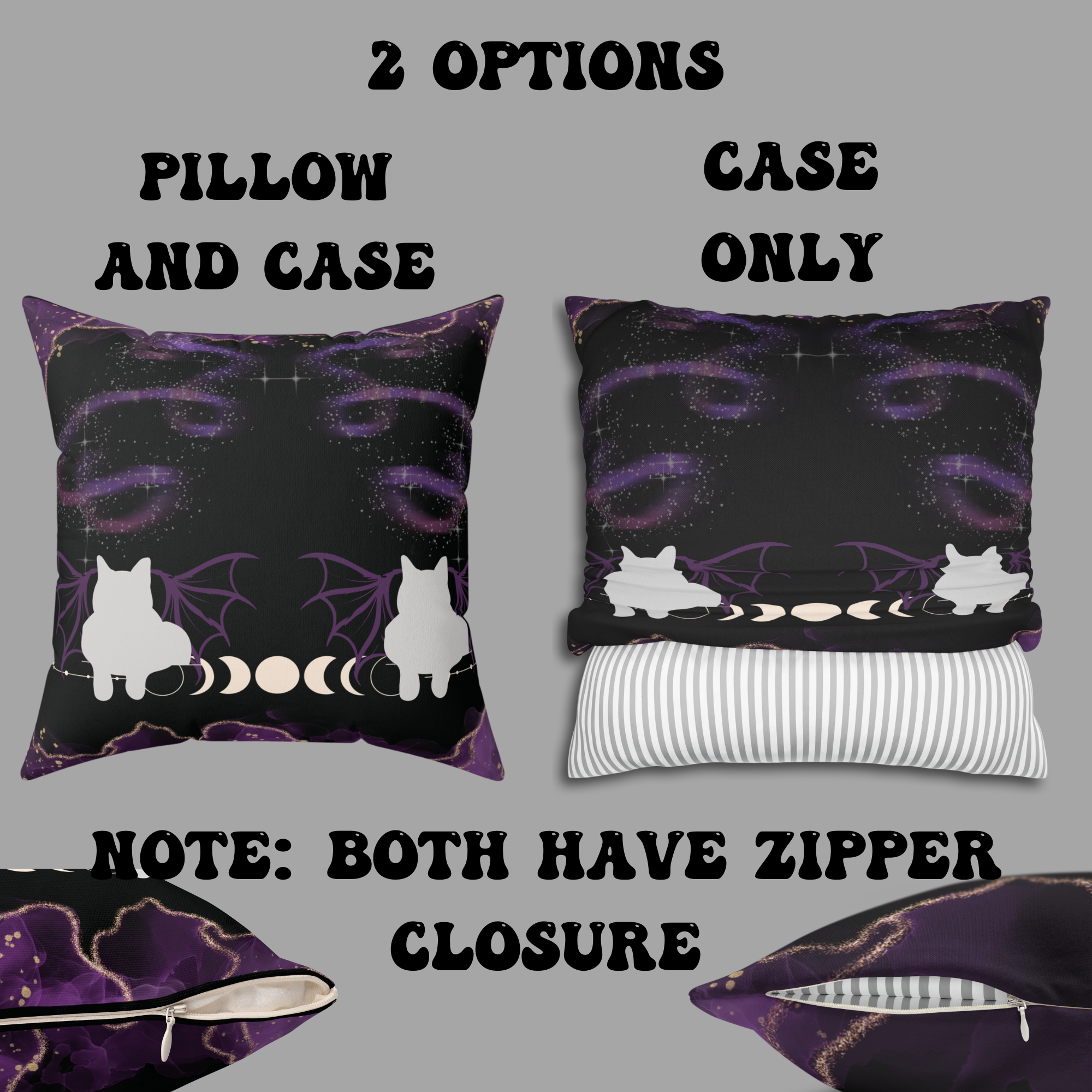 Gothic Bat Wing Cat Moon Phases Throw Pillow — Purple Celestial Dark Home Decor