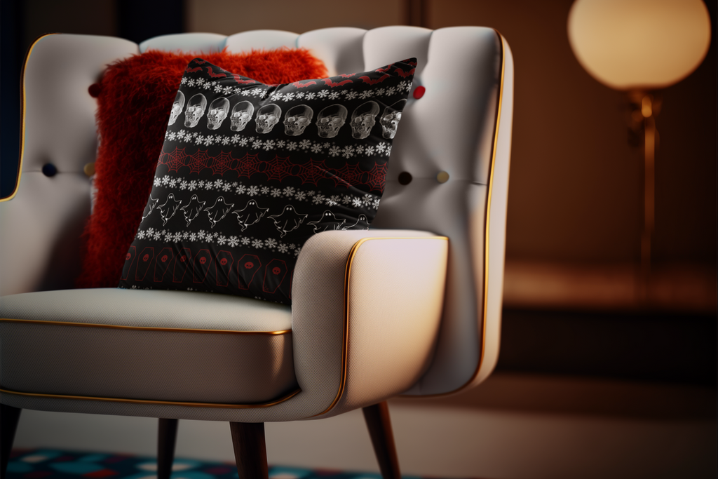 Merry Creepmas Gothic Ugly Sweater Throw Pillow — Goth Holiday Dark Home Decor