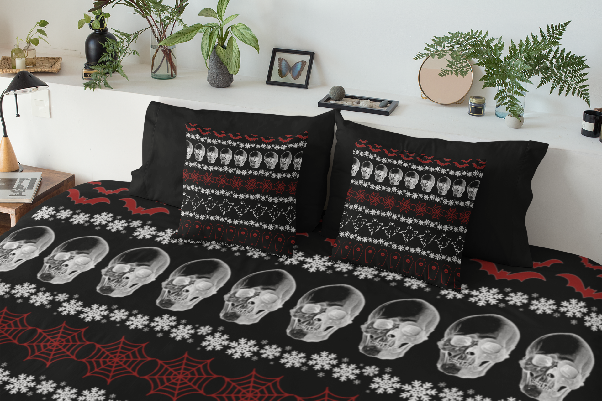 Merry Creepmas Gothic Ugly Sweater Throw Pillow — Goth Holiday Dark Home Decor