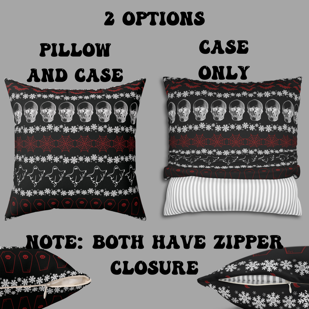 Merry Creepmas Gothic Ugly Sweater Throw Pillow — Goth Holiday Dark Home Decor