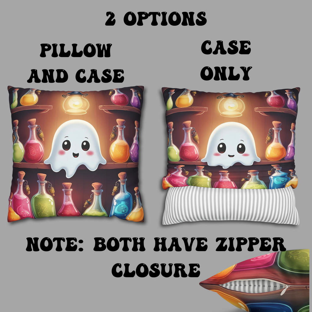 Apothecary Ghost Throw Pillow — Whimsigoth Potion Shelf Dark Home Decor