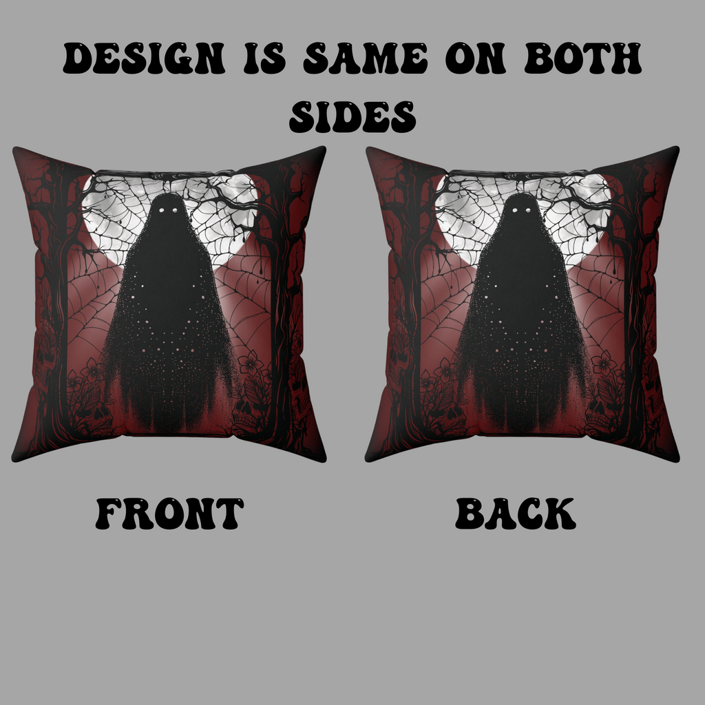 Gothic Ghost Cobweb Moon Throw Pillow — Spooky Halloween Dark Home Decor