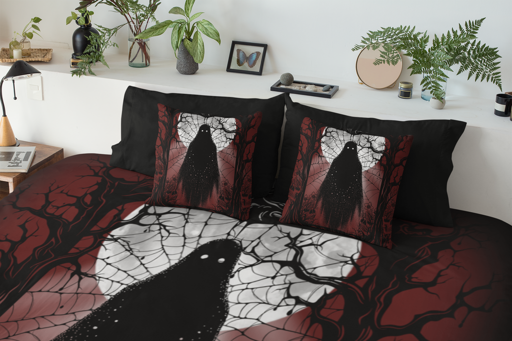 Gothic Ghost Cobweb Moon Throw Pillow — Spooky Halloween Dark Home Decor