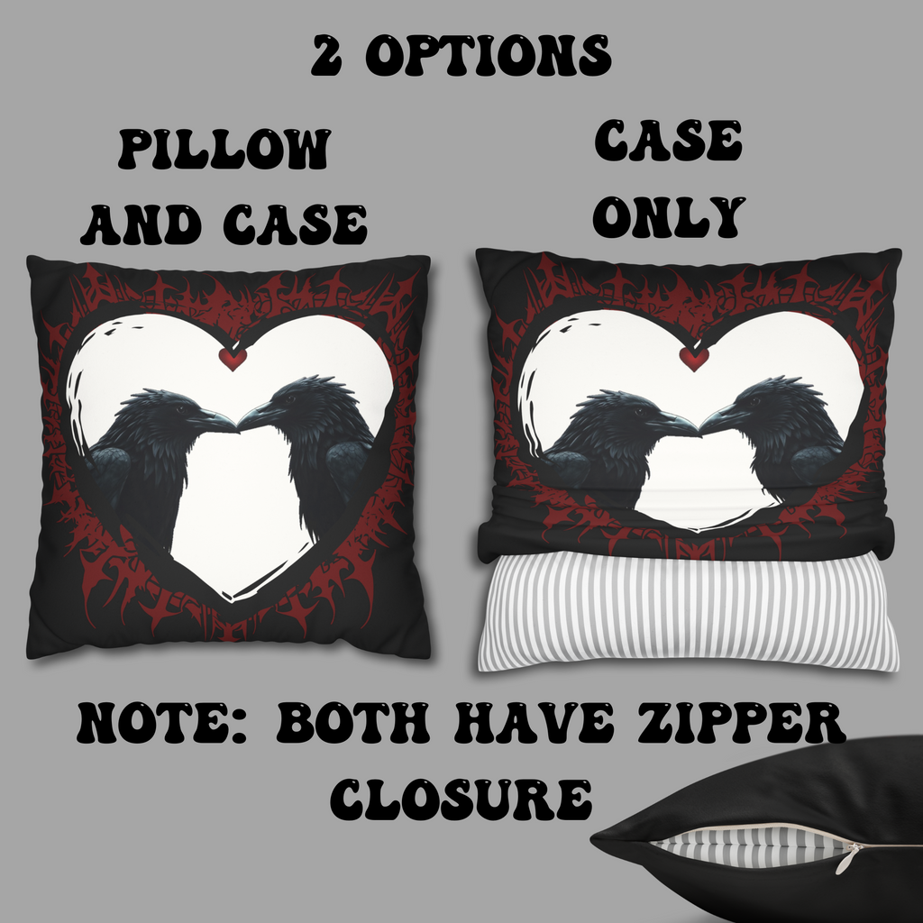 Gothic Ravens Love Heart Throw Pillow — Dark Valentine Gothic Home Decor