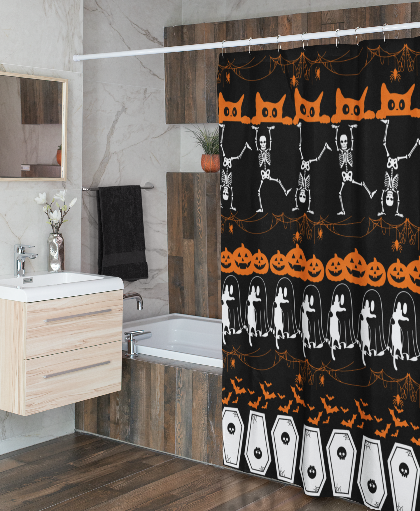 Halloween Pattern Shower Curtain — Spooky Season Bathroom Decor