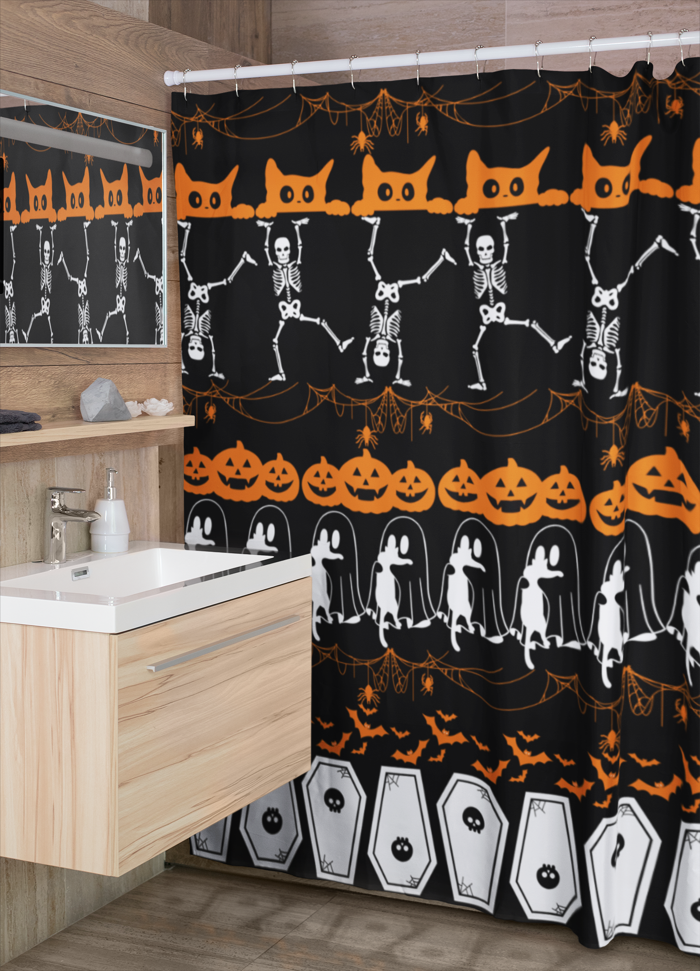 Halloween Pattern Shower Curtain — Spooky Season Bathroom Decor