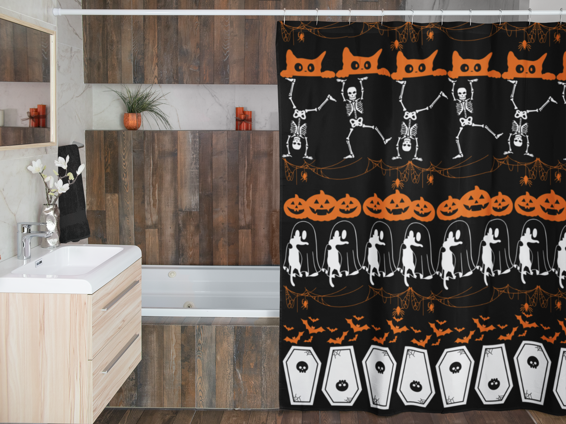 Halloween Pattern Shower Curtain — Spooky Season Bathroom Decor