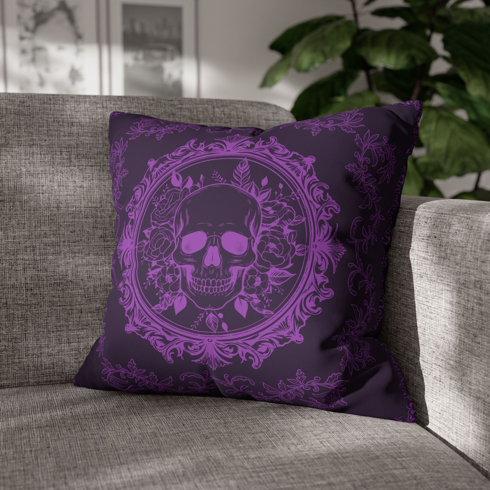 Purple Gothic Floral Skull Throw Pillow — Baroque Botanical Dark Home Decor