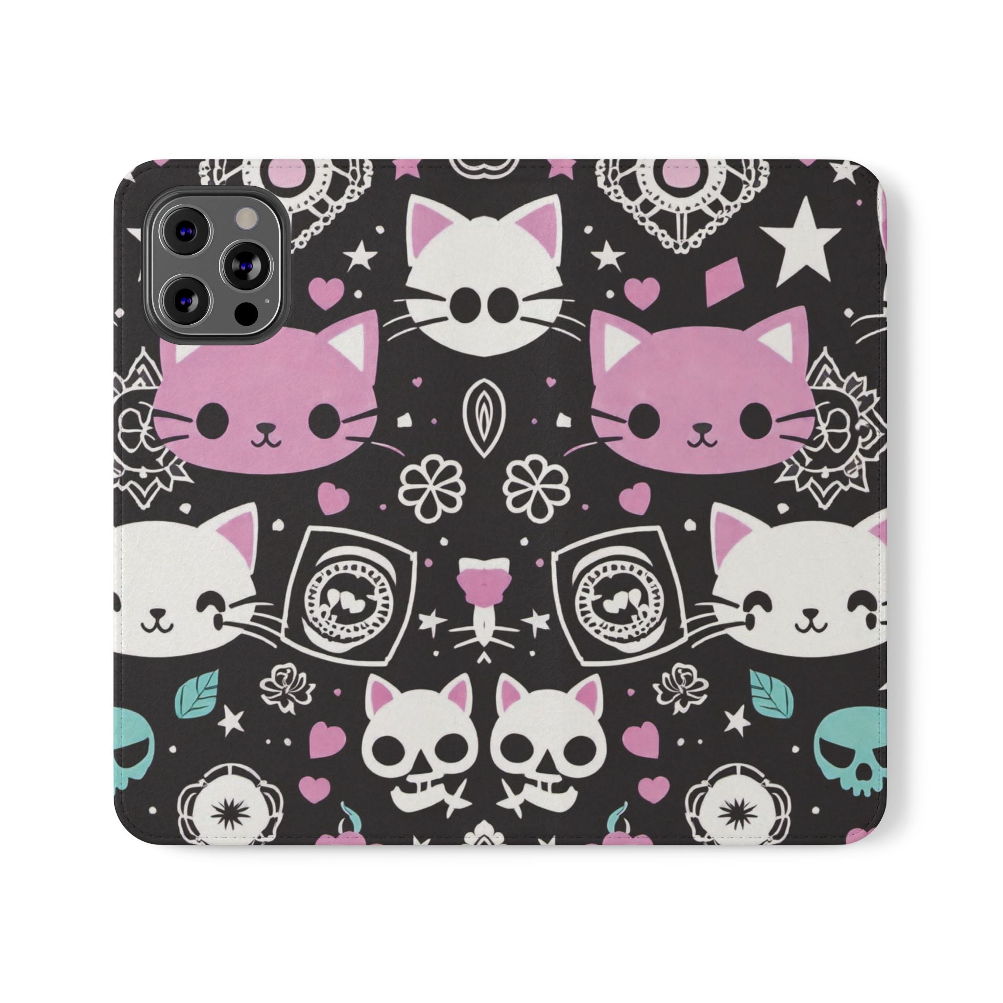 Pastel Goth Cat Flip Wallet Phone Case - Goth Cat Wallet Case for Samsung iPhone - Gothic Style Cats Wallet Phone Cases