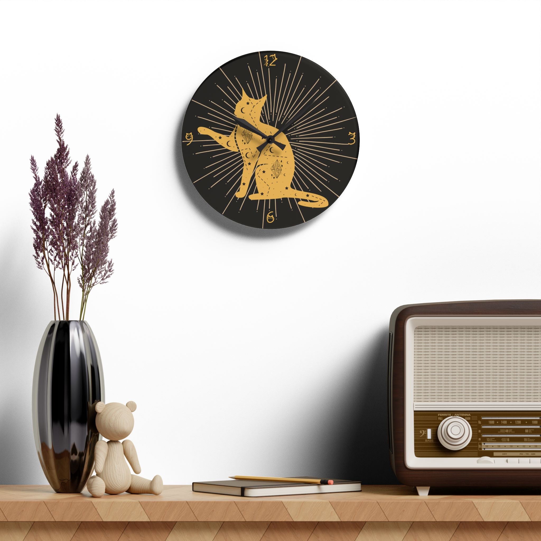 Celestial Cat Wall Clock — Gold Witchy Acrylic Art Print Home Decor