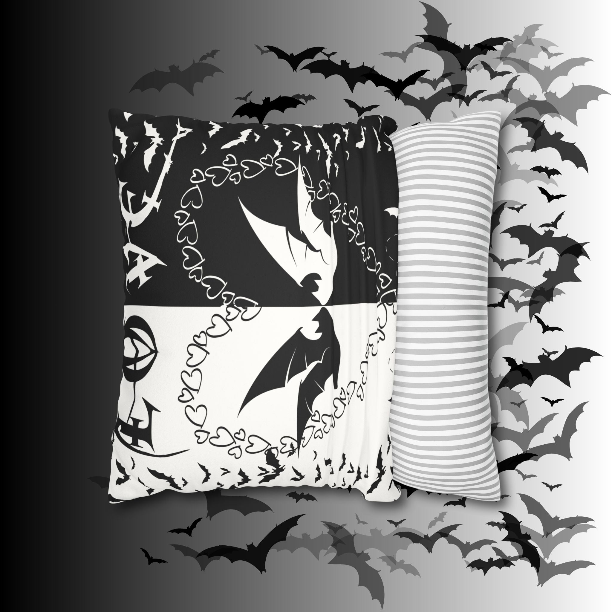 Gothic Bats Heart Throw Pillow — Black White Halloween Dark Home Decor
