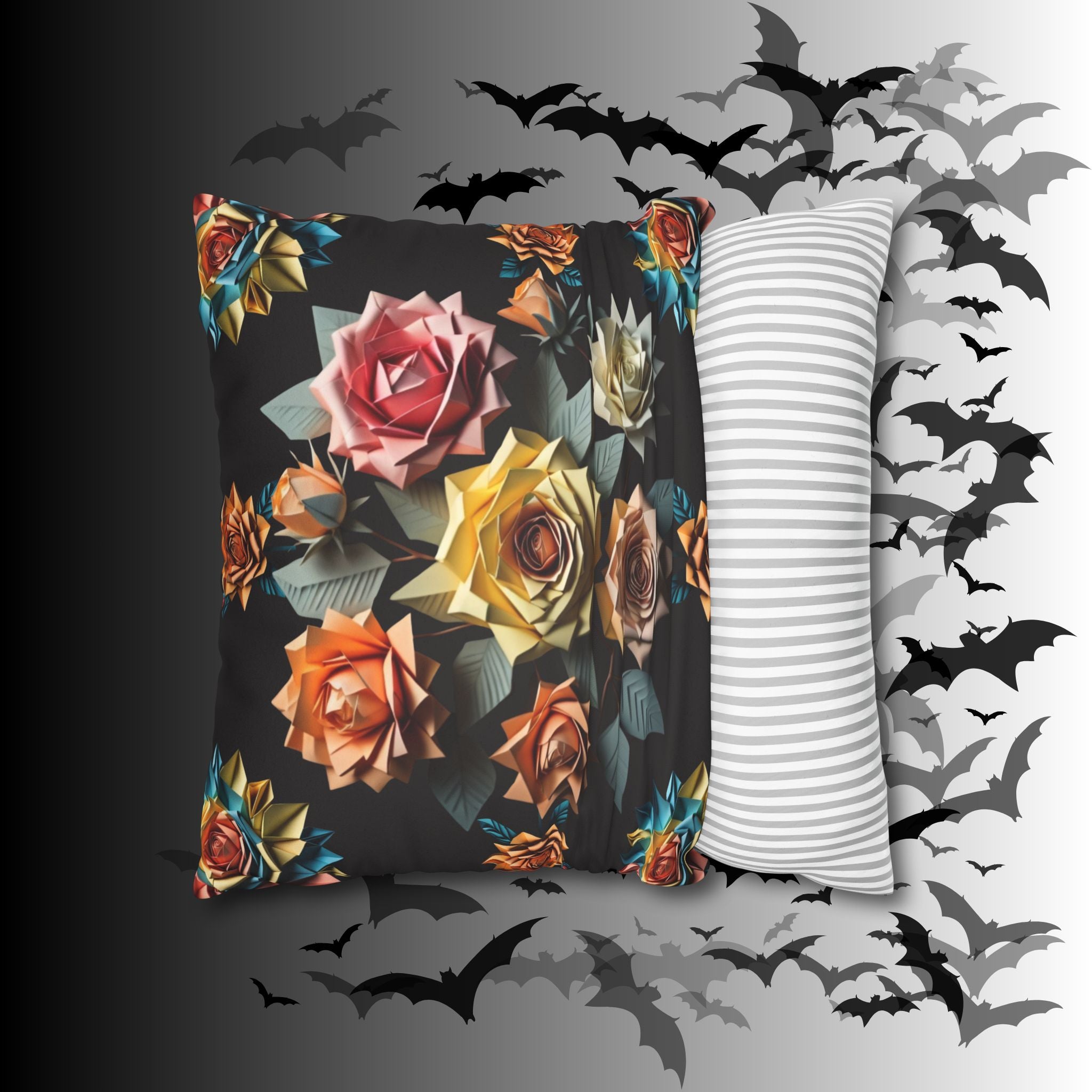 Gothic Origami Rose Throw Pillow — Dark Floral Botanical Home Decor