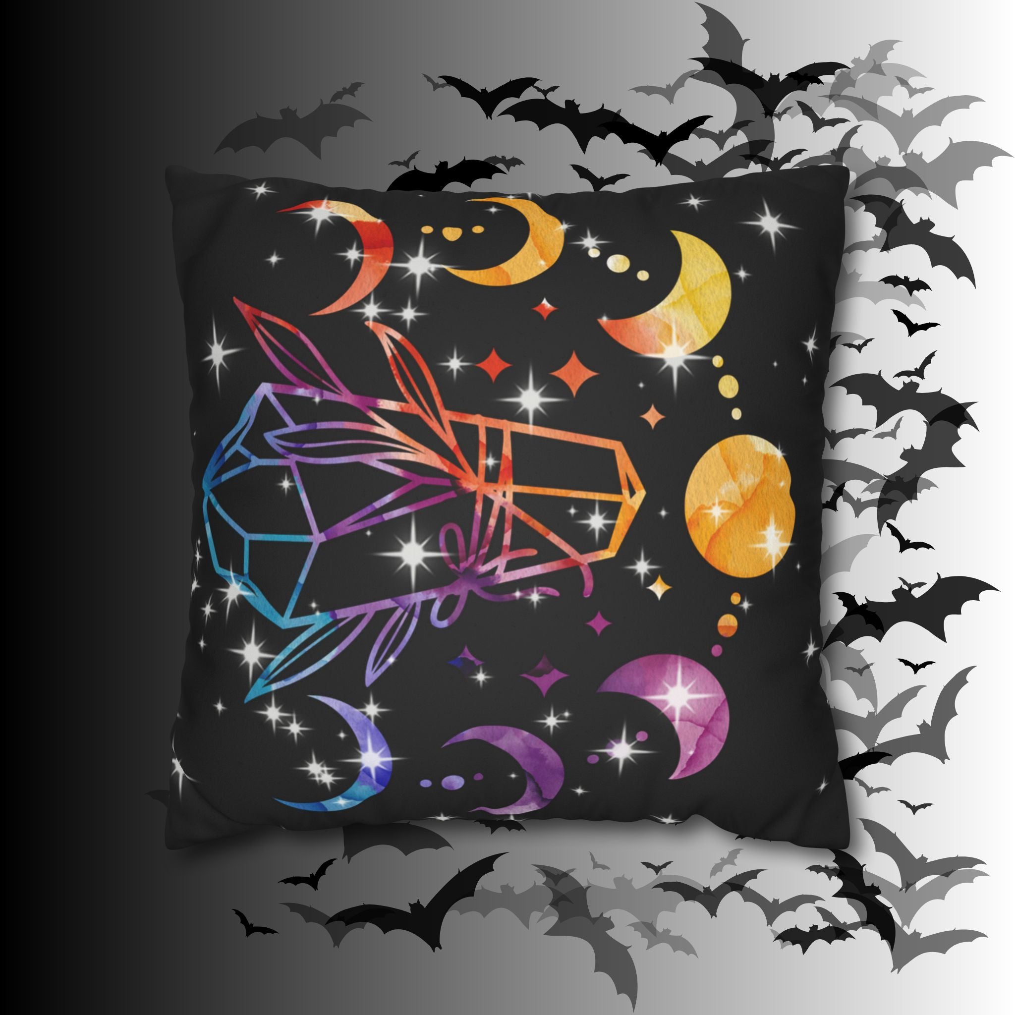 Rainbow Crystal Celestial Throw Pillow — Witchy Gothic Dark Home Decor