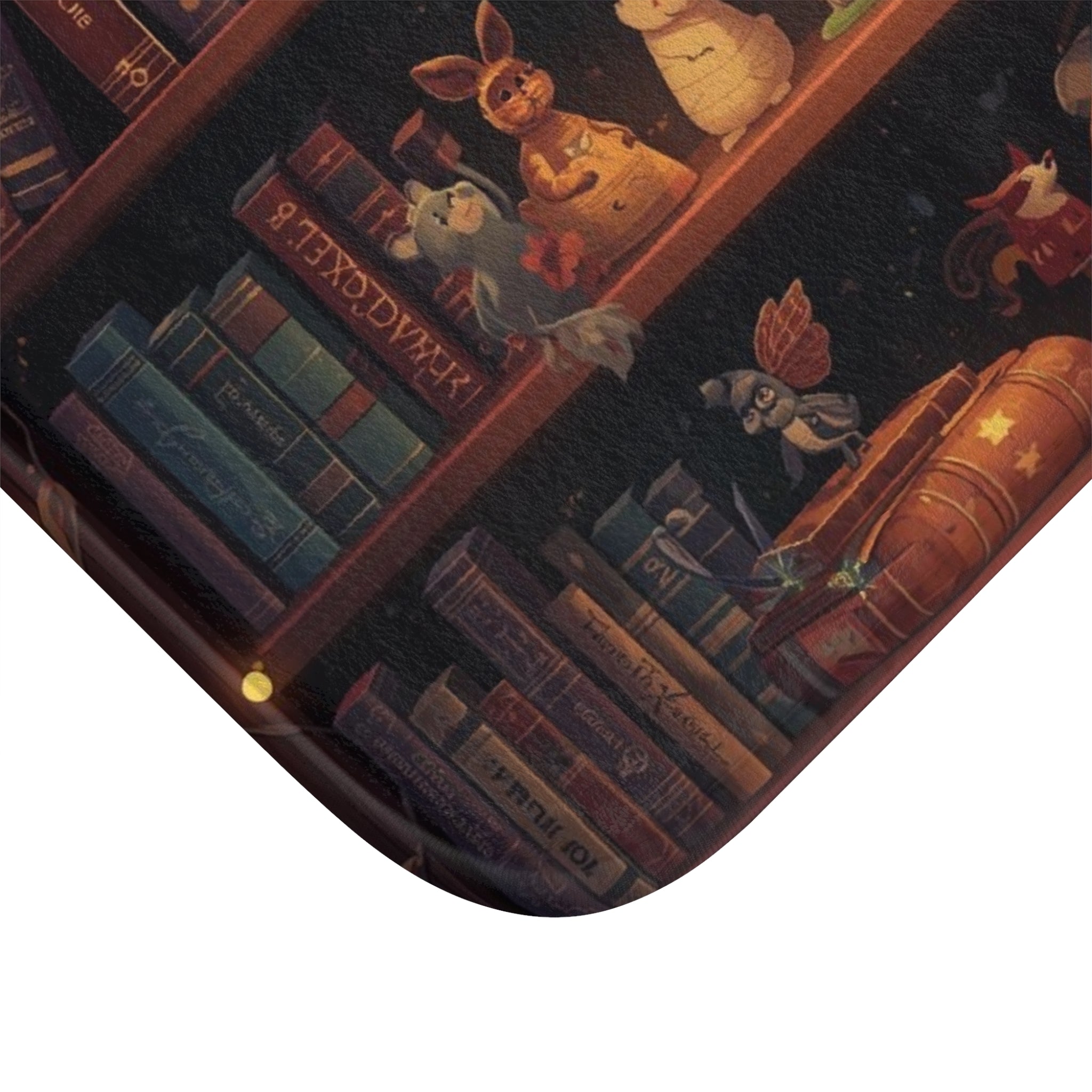 Whimsical Rabbit Bookcase Bath Mat — Cozy Fantasy Book Lover Bathroom Decor