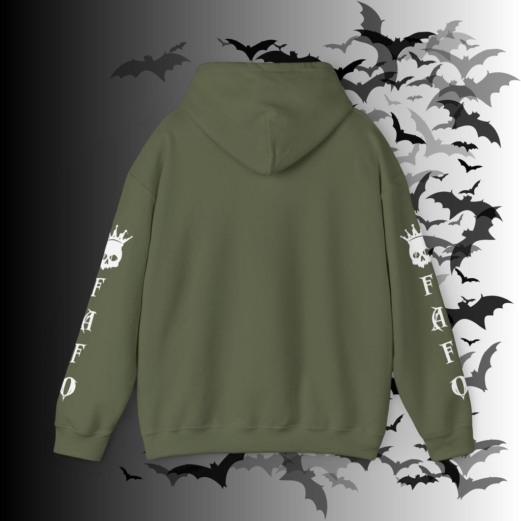 I Identify As a Threat Hoodie — Gothic Skull Sleeve Print FAFO Black
