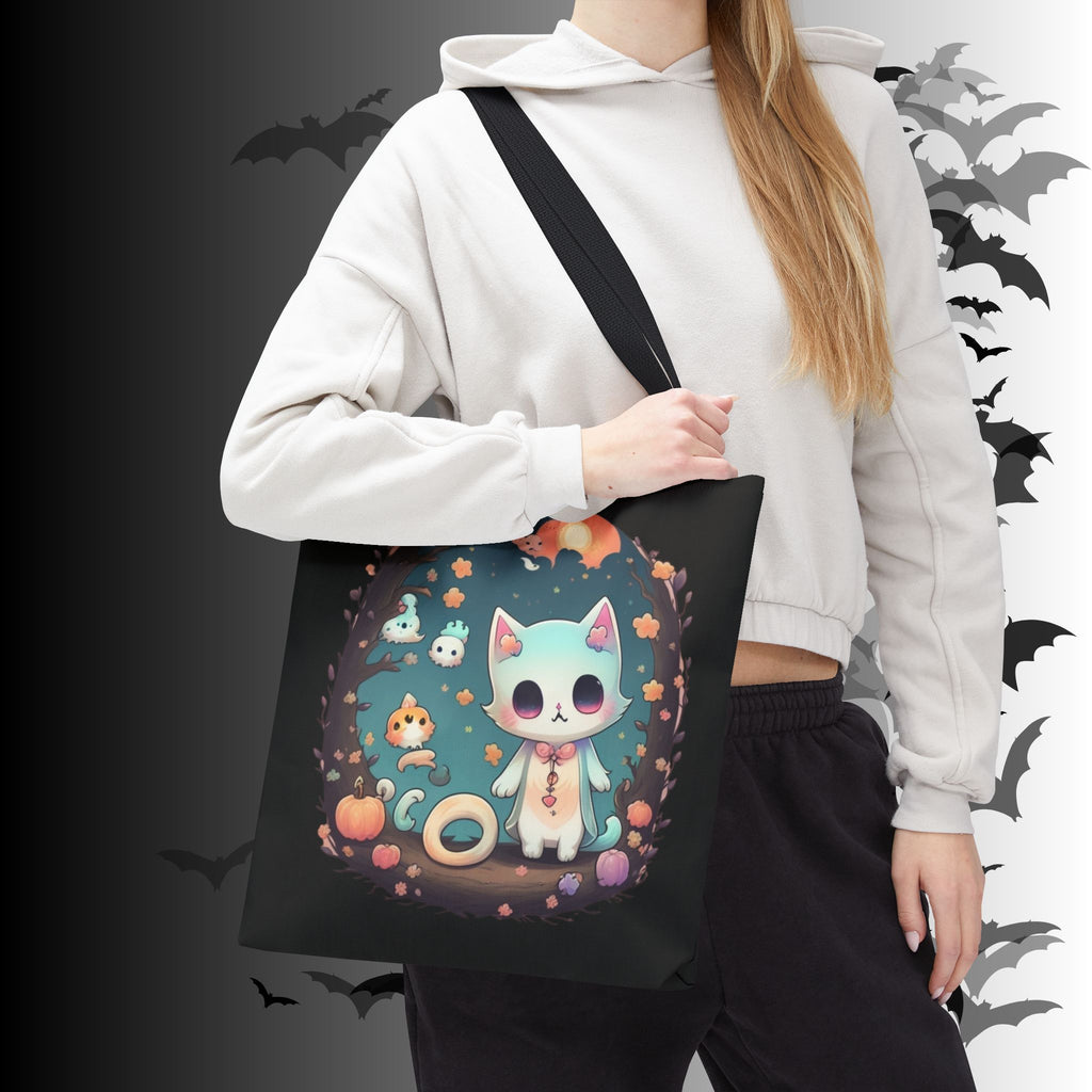 Pastel Goth Kawaii Cat Halloween Tote Bag — Moonlit Forest Scene