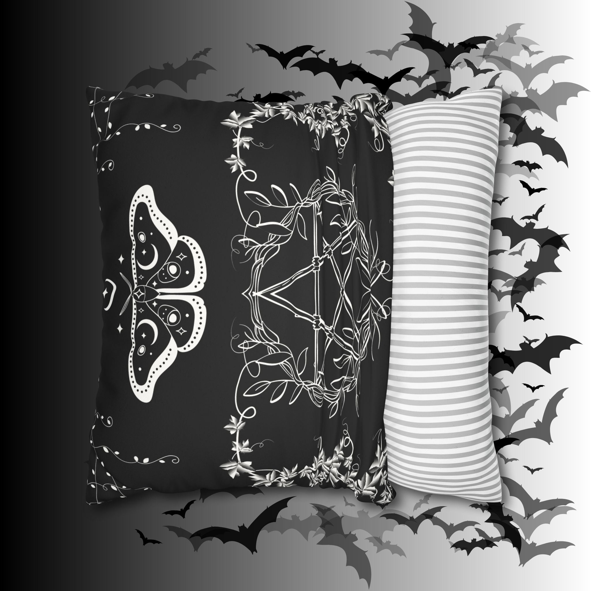 Witchy Moth Pentagram Throw Pillow — Botanical Gothic Dark Home Decor