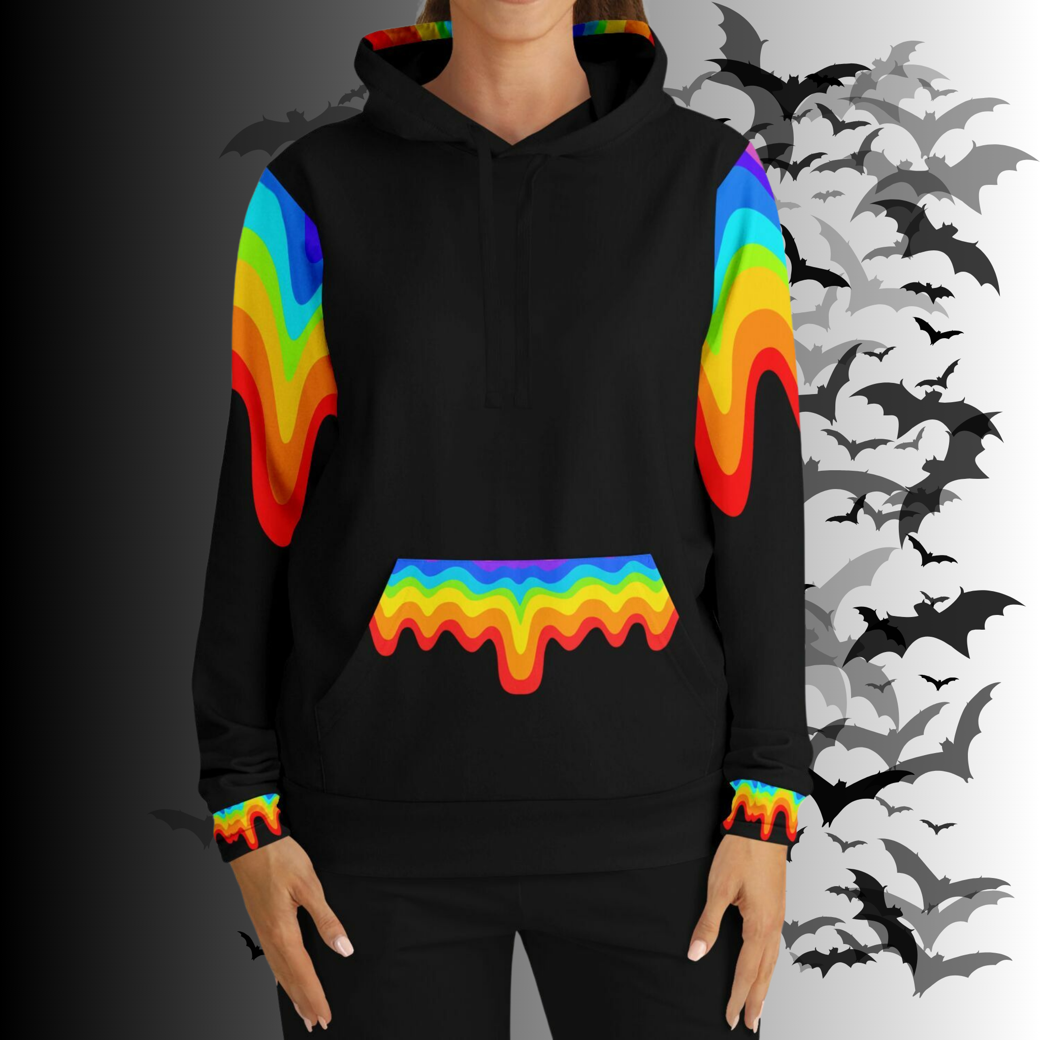 Rainbow Vomit Cloud Bat All Over Print Pullover Hoodie — Kawaii Goth Pride Unisex AOP Hoodie