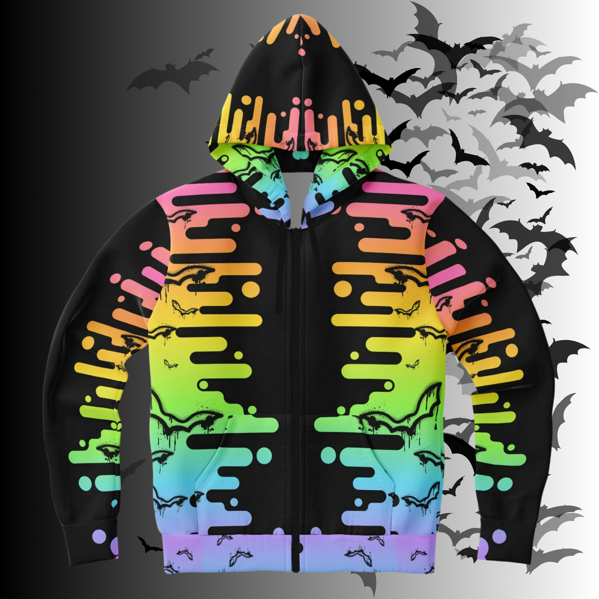 Neon Rainbow Drip Bat All Over Print Zip Hoodie