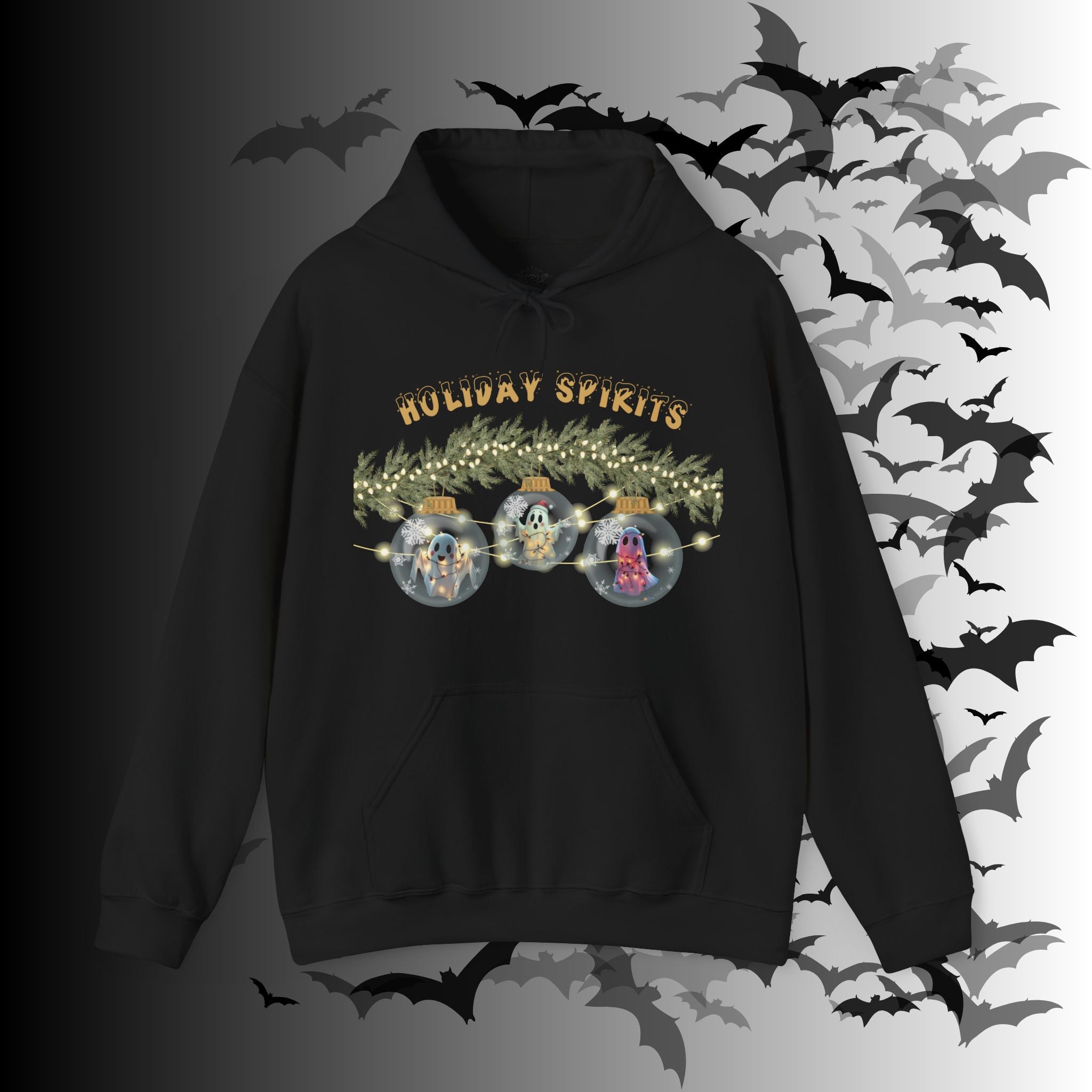 
Black pullover hoodie with three kawaii ghosts inside glass Christmas ornaments hung from a pine garland with string lights and "Holiday Spirits" in gold gothic lettering on a bat-filled background