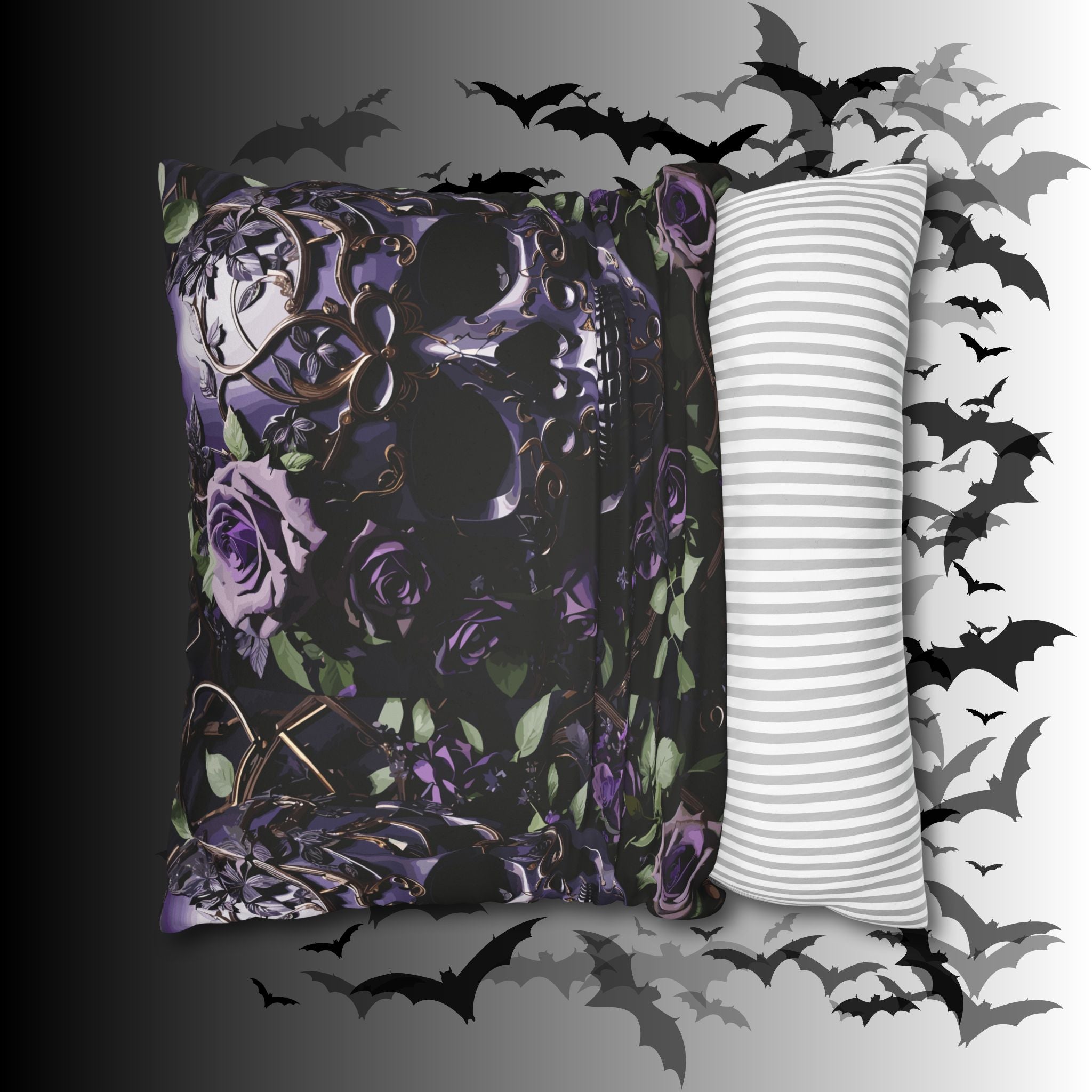 Gothic Black Purple Skull Throw Pillow — Dark Floral Botanical Home Decor