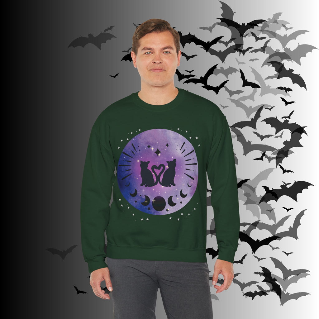Celestial Twin Cats Heart Moon Crewneck Sweatshirt — Witchy Moon Phase