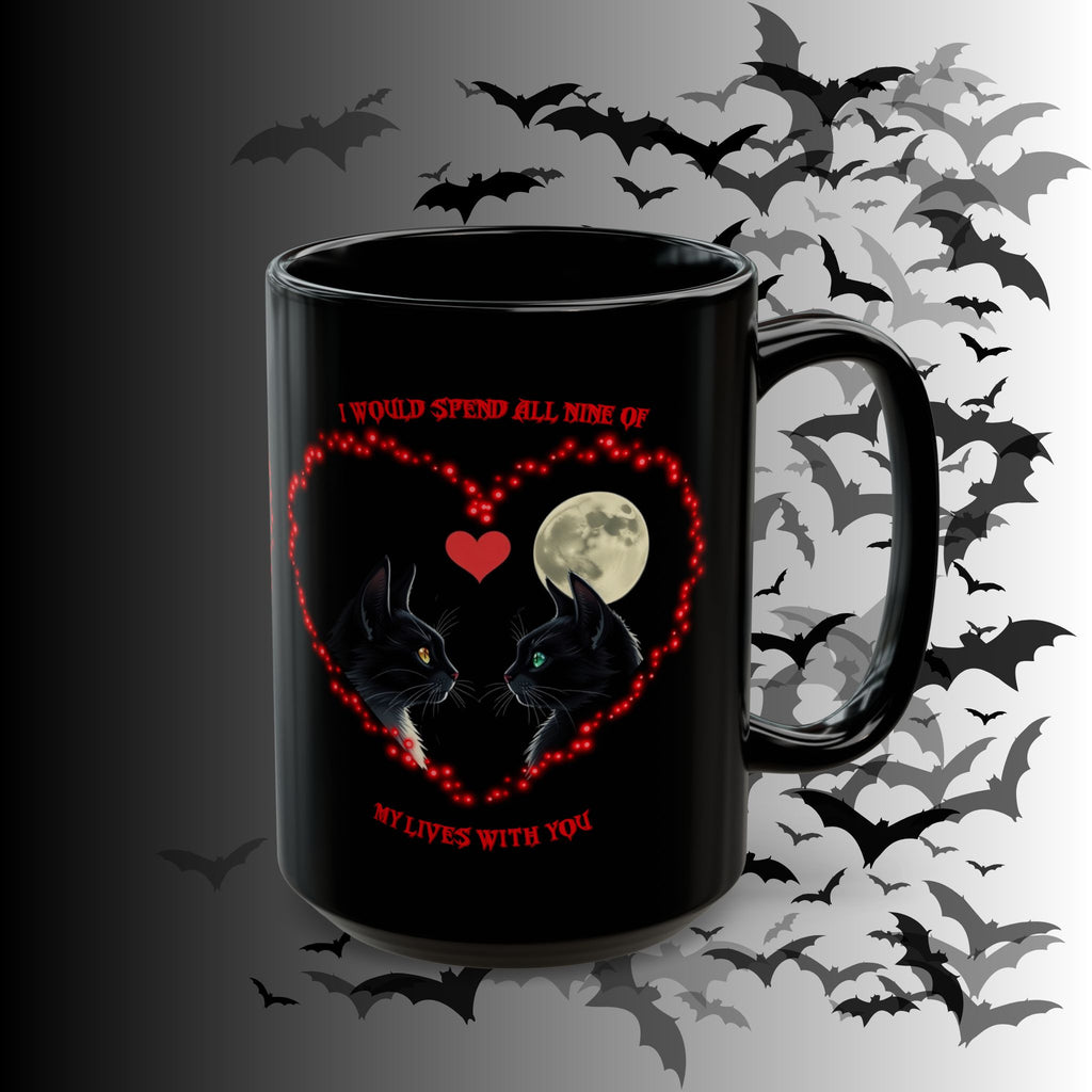 Black Cat Moon Heart Mug — 'I Would Spend All Time Of My Lives With You' Gothic Valentine Coffee Mug