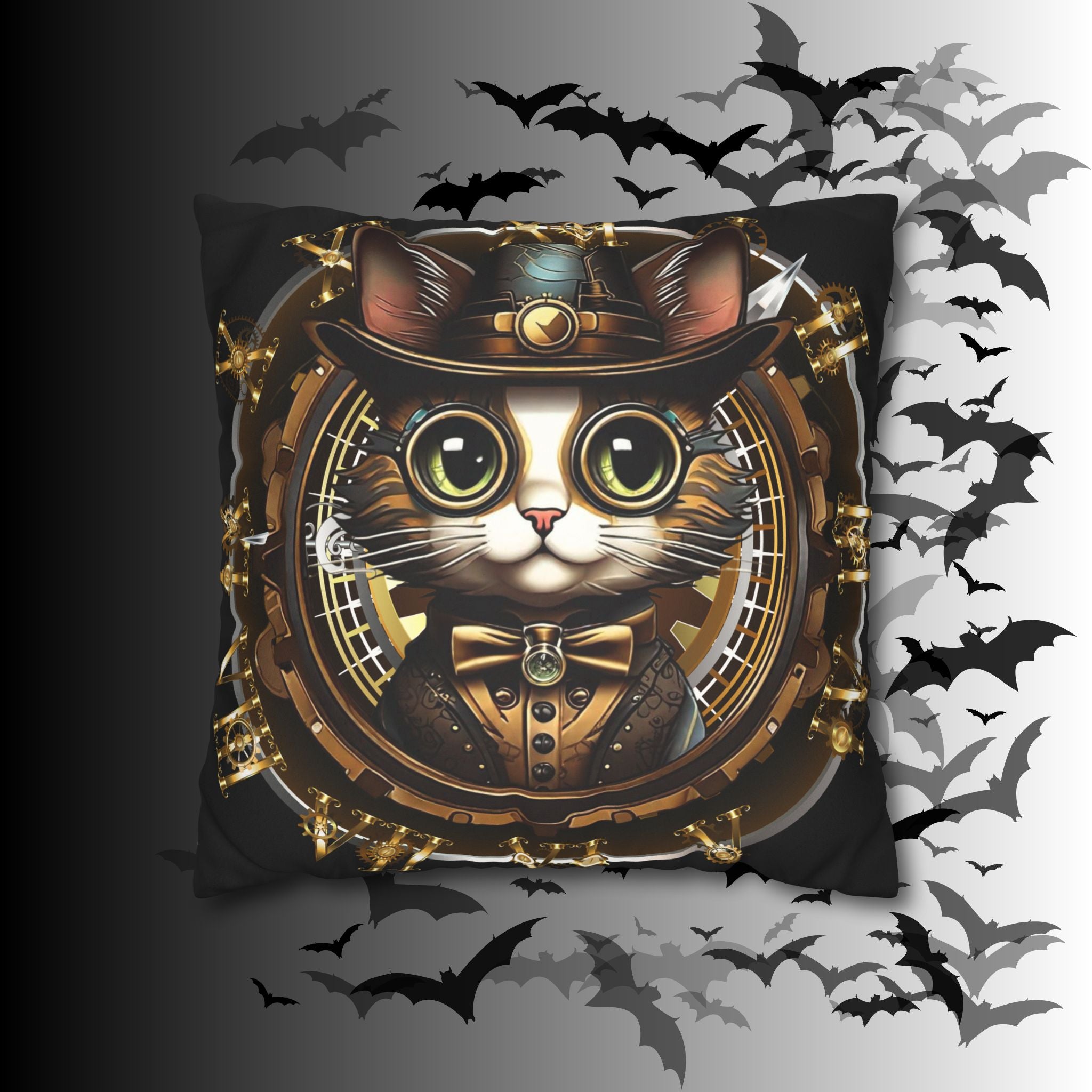 Steampunk Cat Throw Pillow — Vintage Industrial Gothic Home Decor