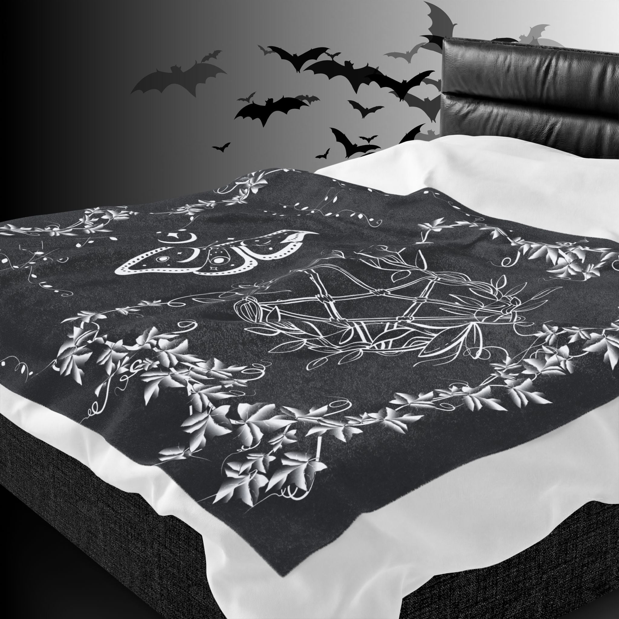 Witchy Luna Moth Pentagram Throw Blanket — Gothic Botanical Home Decor
