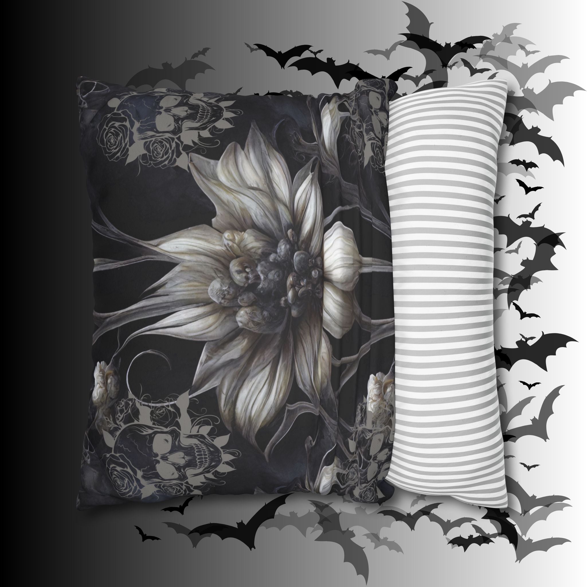 Gothic Skull Botanical Sunflower Throw Pillow — Dark Floral Home Decor