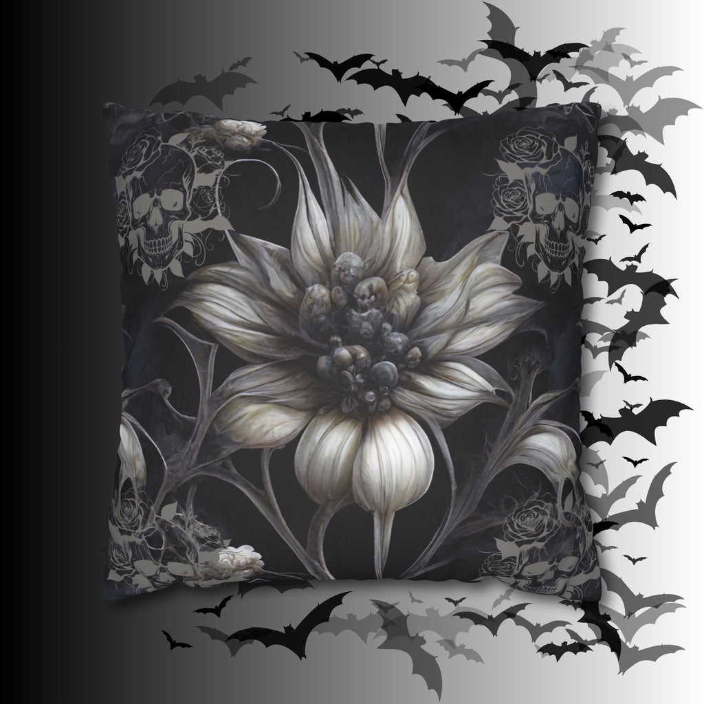 Gothic Skull Botanical Sunflower Throw Pillow — Dark Floral Home Decor