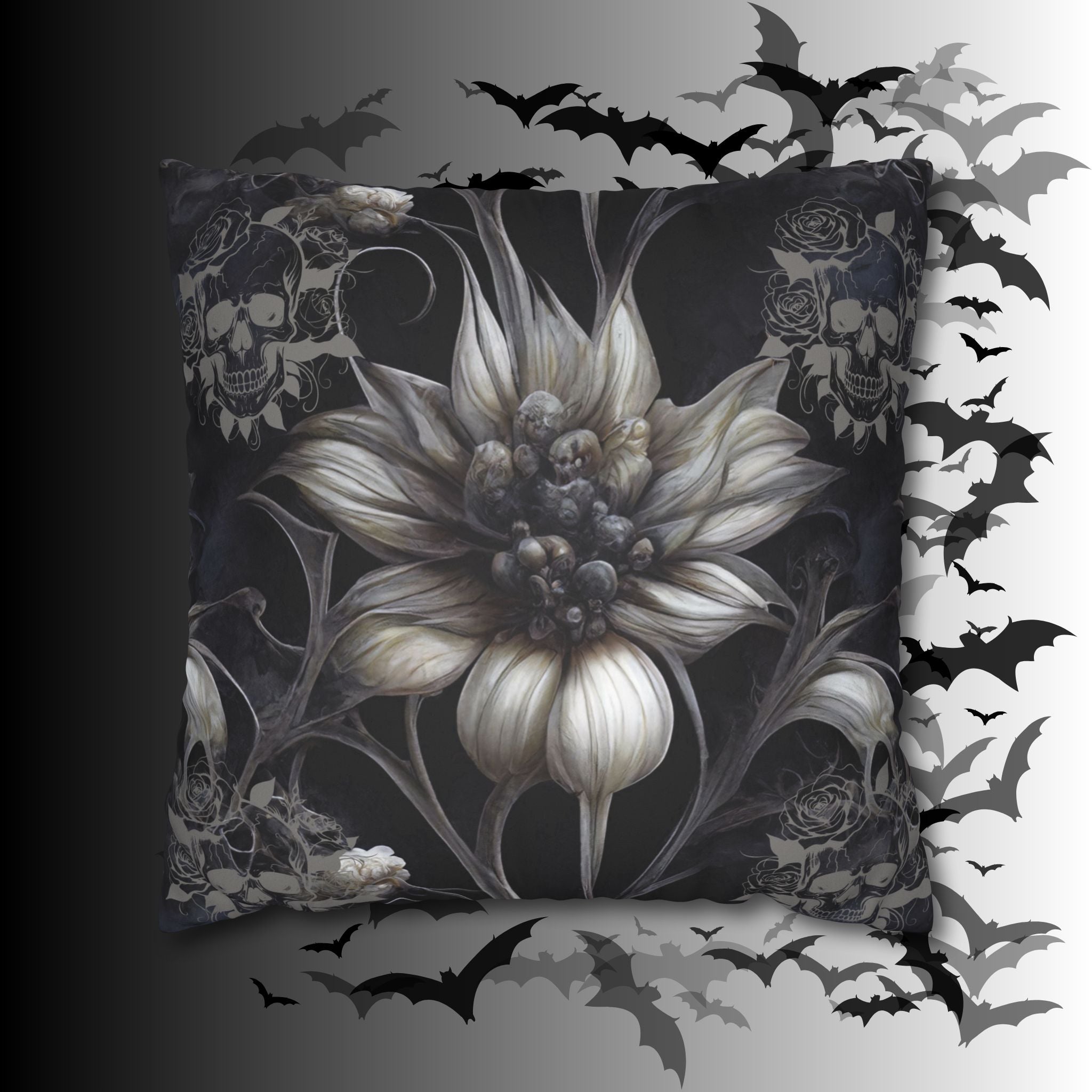 Gothic Skull Botanical Sunflower Throw Pillow — Dark Floral Home Decor