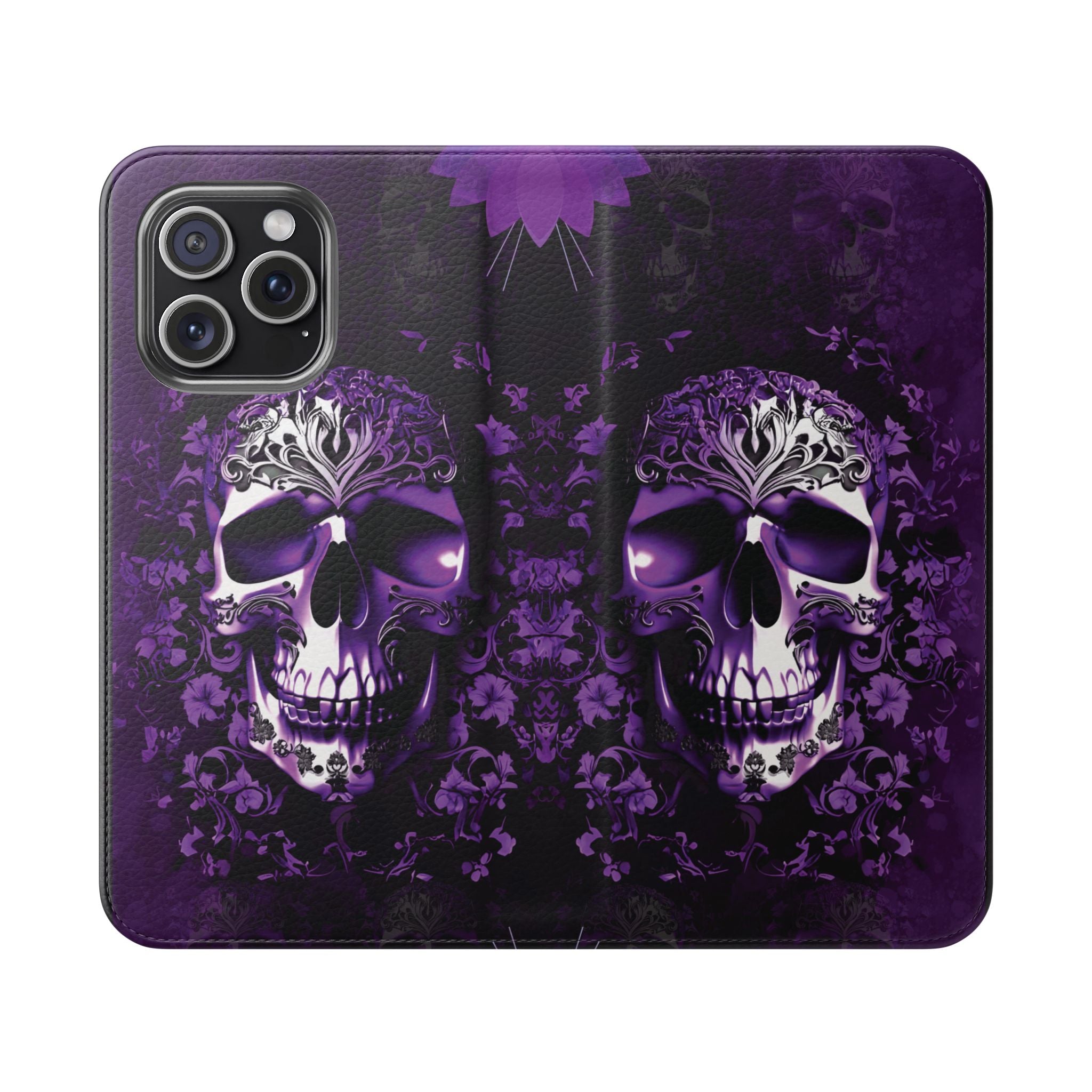 Purple Pastel Goth Skull Flip Wallet Phone Case - Skull Wallet Case for Samsung iPhone - Gothic Style Skull Wallet Phone Cases