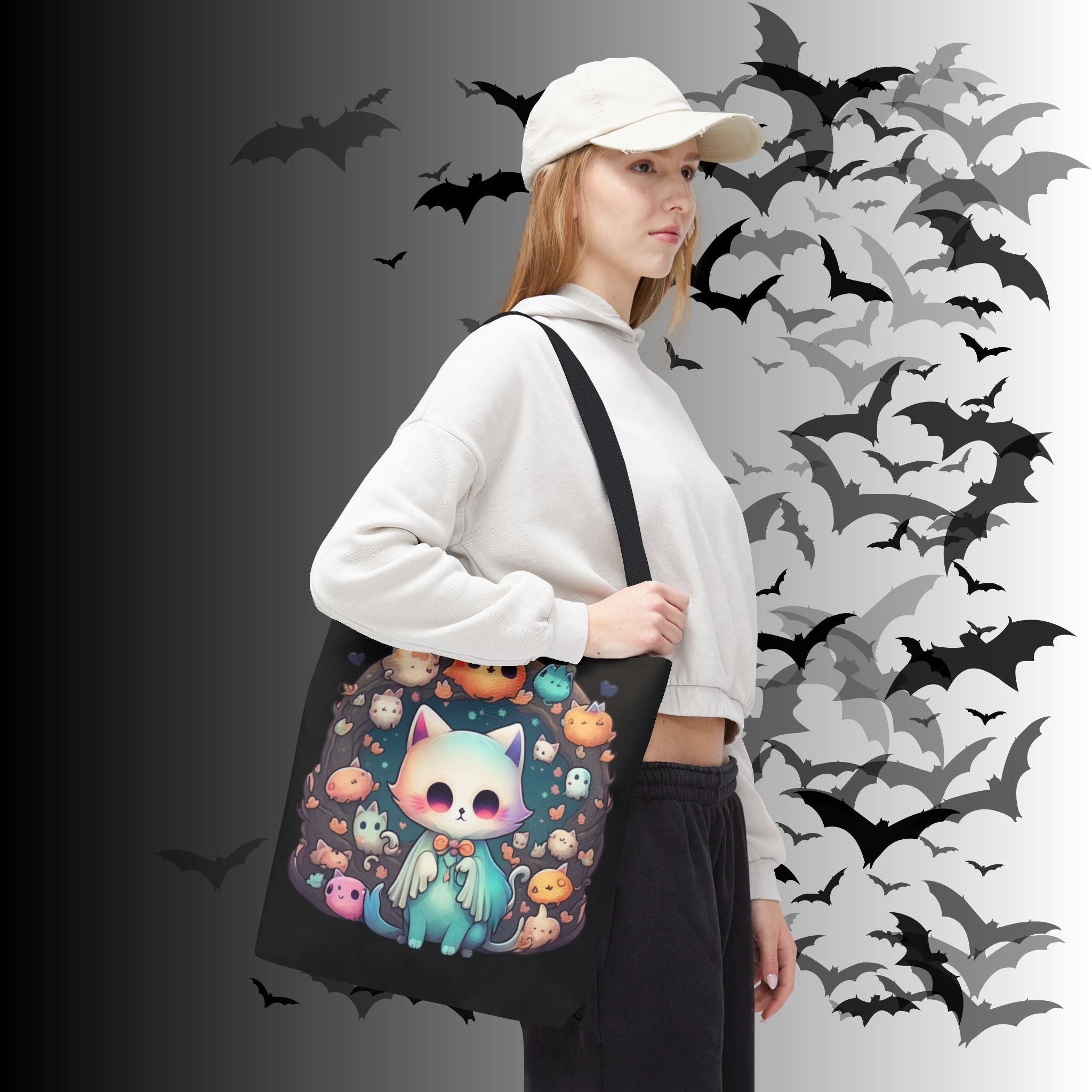 Pastel Goth Ghost Cat Tote Bag — Kawaii Spooky All-Over Print