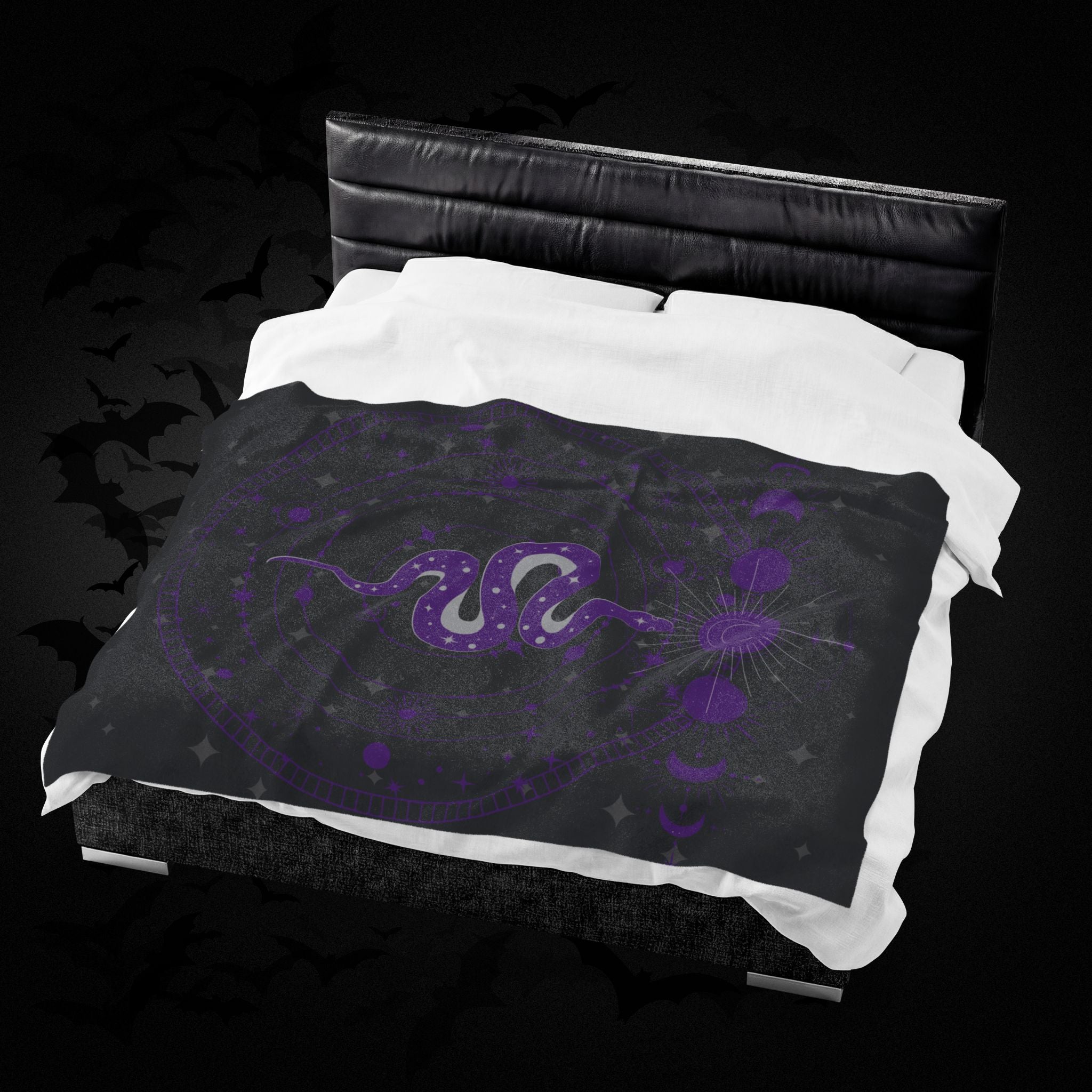 Gothic Celestial Snake Moon Phase Throw Blanket — Purple & Black Witchy Decor