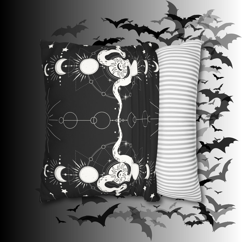 Celestial Snake Moon Phases Throw Pillow — Witchy Gothic Dark Home Decor