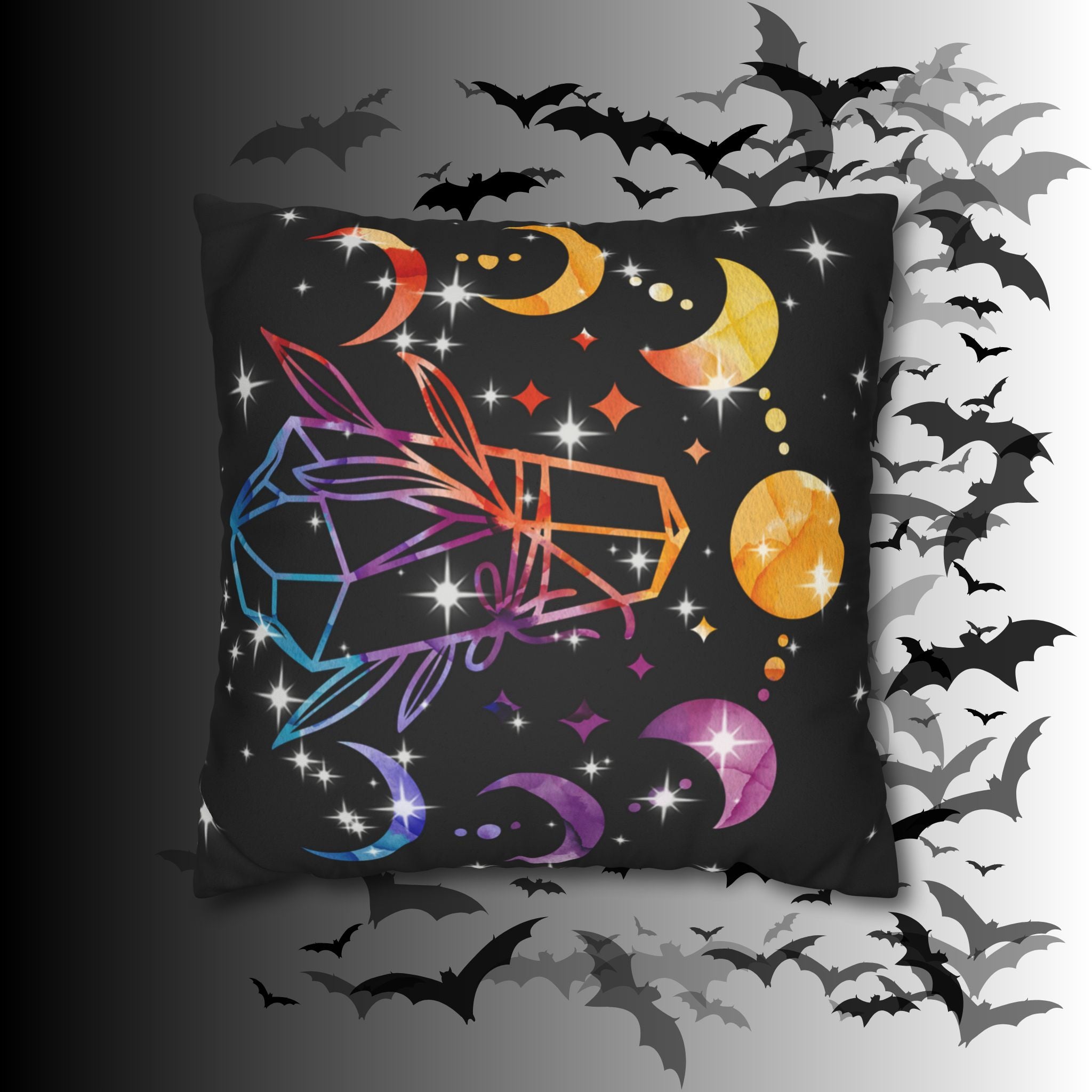 Rainbow Crystal Celestial Throw Pillow — Witchy Gothic Dark Home Decor