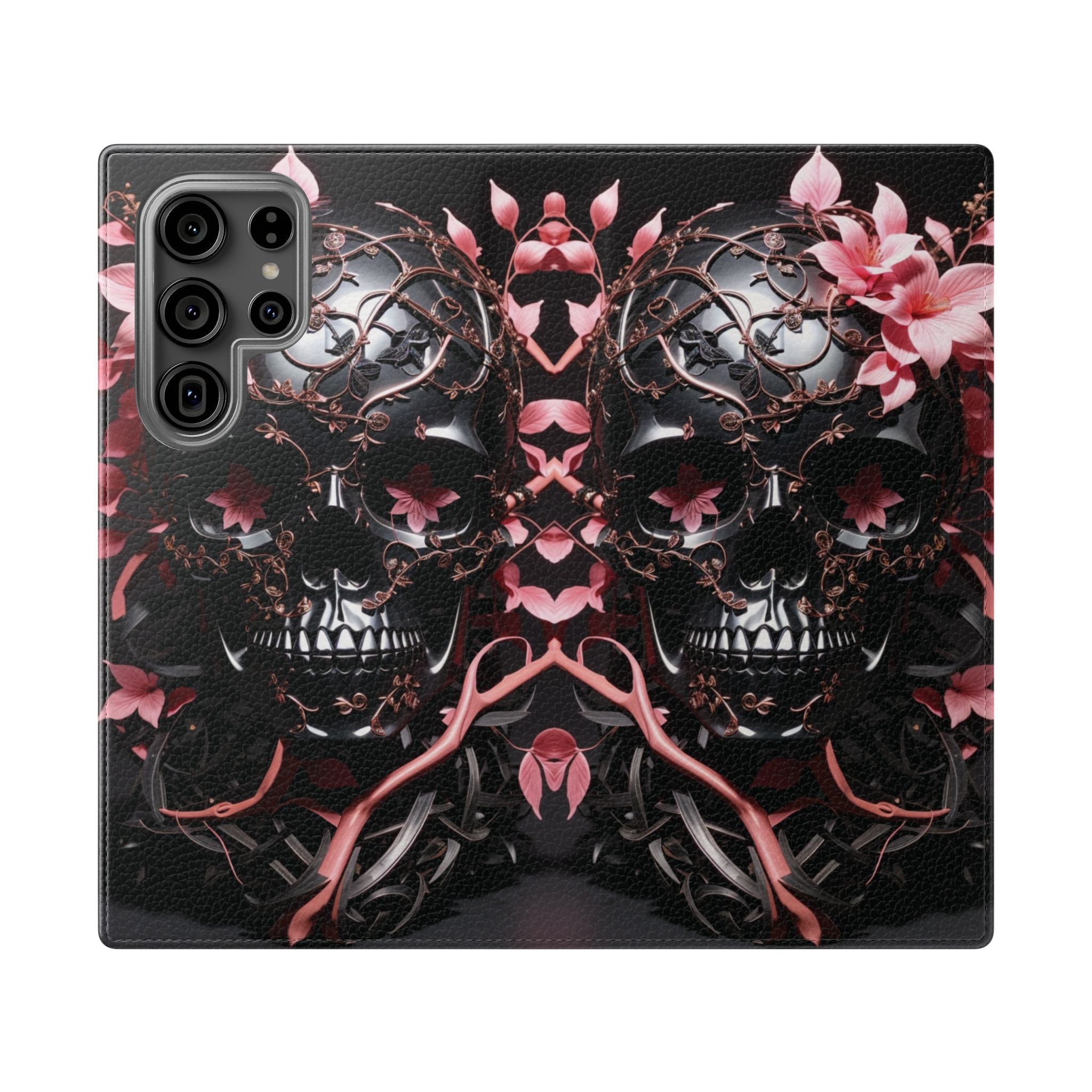 Pink Pastel Goth Skull Flip Wallet Phone Case - Skull Wallet Case for Samsung iPhone - Gothic Style Skull Wallet Phone Cases