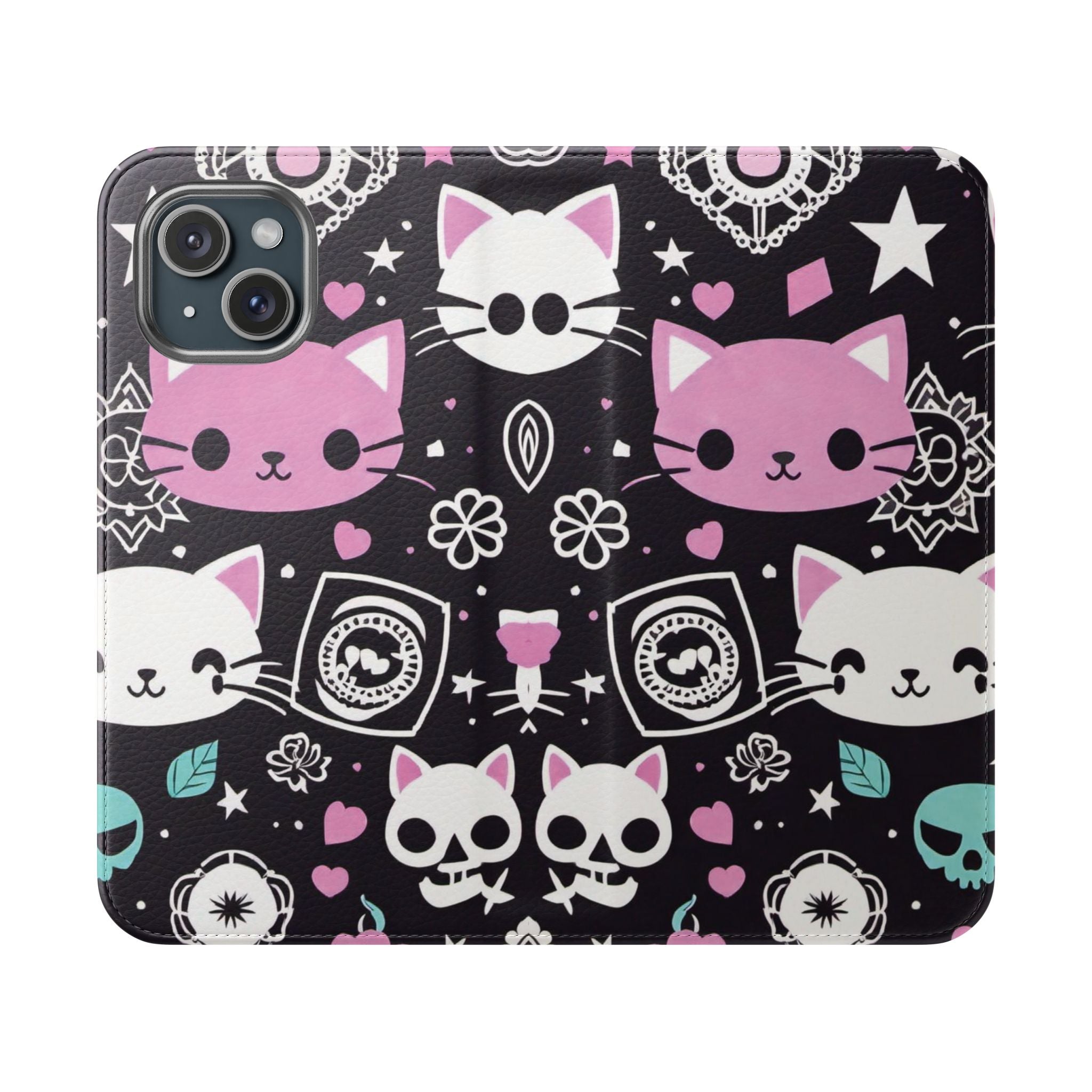 Pastel Goth Cat Flip Wallet Phone Case - Goth Cat Wallet Case for Samsung iPhone - Gothic Style Cats Wallet Phone Cases
