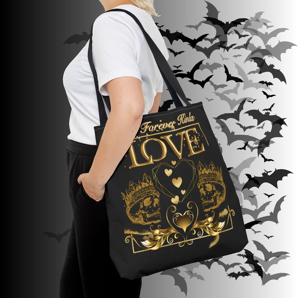 "That Forever Kinda Love" Gothic Skull Crown Tote Bag — Dark Romance Gold Print
