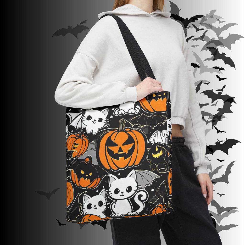Kawaii Bat Cat Halloween Tote Bag — Dark Pumpkin Pattern